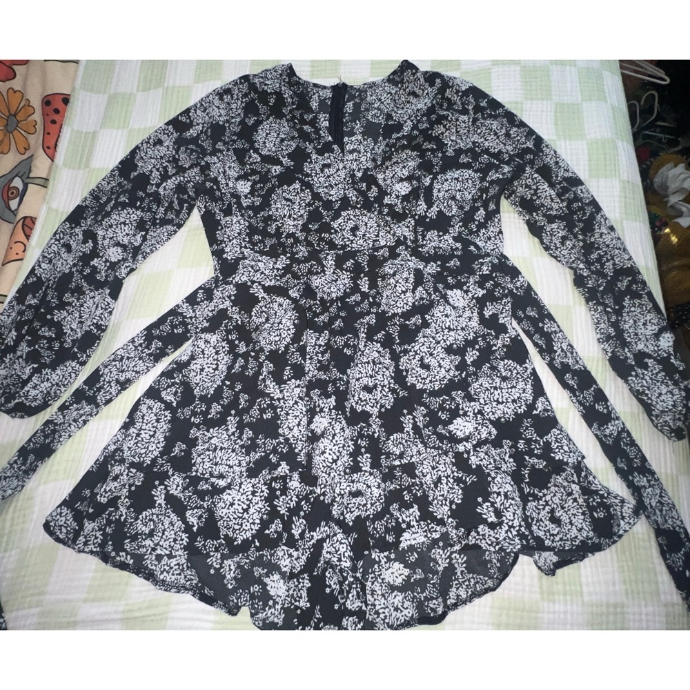 Black and White Floral Long Sleeve Romper